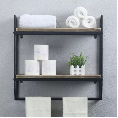 Elite® kétemeletes fekete fémvázas polc törölközőtartóval, fahatású lapokkal - 62 cm