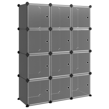 Fekete polipropilén tárolókocka 12 db kockával és ajtókkal - utánvéttel vagy ingyenes szállítással